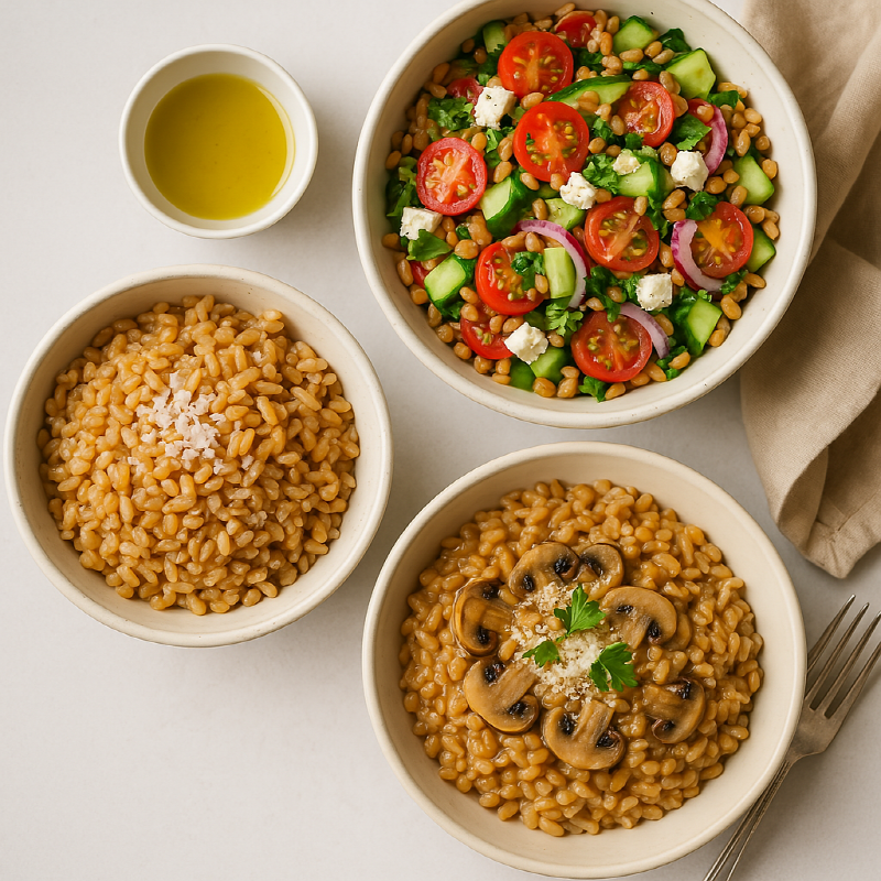 파로곡물 요리 세 가지를 시각적으로 표현한 구성.각각의 요리는 파로곡물밥, 파로 샐러드, 파로 리조또로 구성되어 있으며, 각각의 특징적인 색감과 재료가 조화롭게 담겨 있습니다.