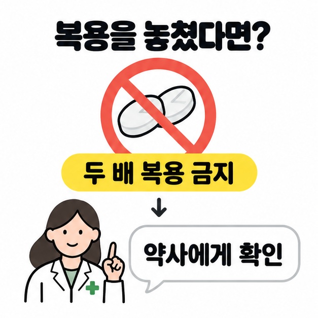 복용을 놓쳤을 때 두 배 복용을 금지하고 약사에게 확인하라는 문구를 금지 표시와 약사 그림으로 보여주는 안내