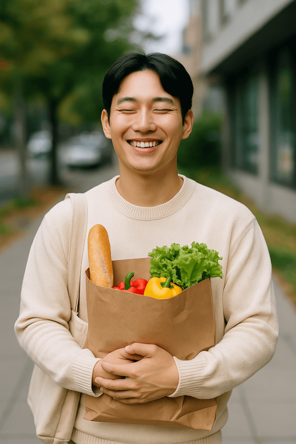장본 후 기분 좋게 웃고 있는 젊은 한국 남성의 모습