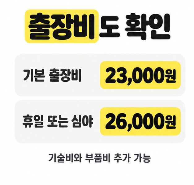 기본 출장비 23,000원과 휴일 또는 심야 출장비 26,000원, 기술비와 부품비 추가 가능성을 안내한 표