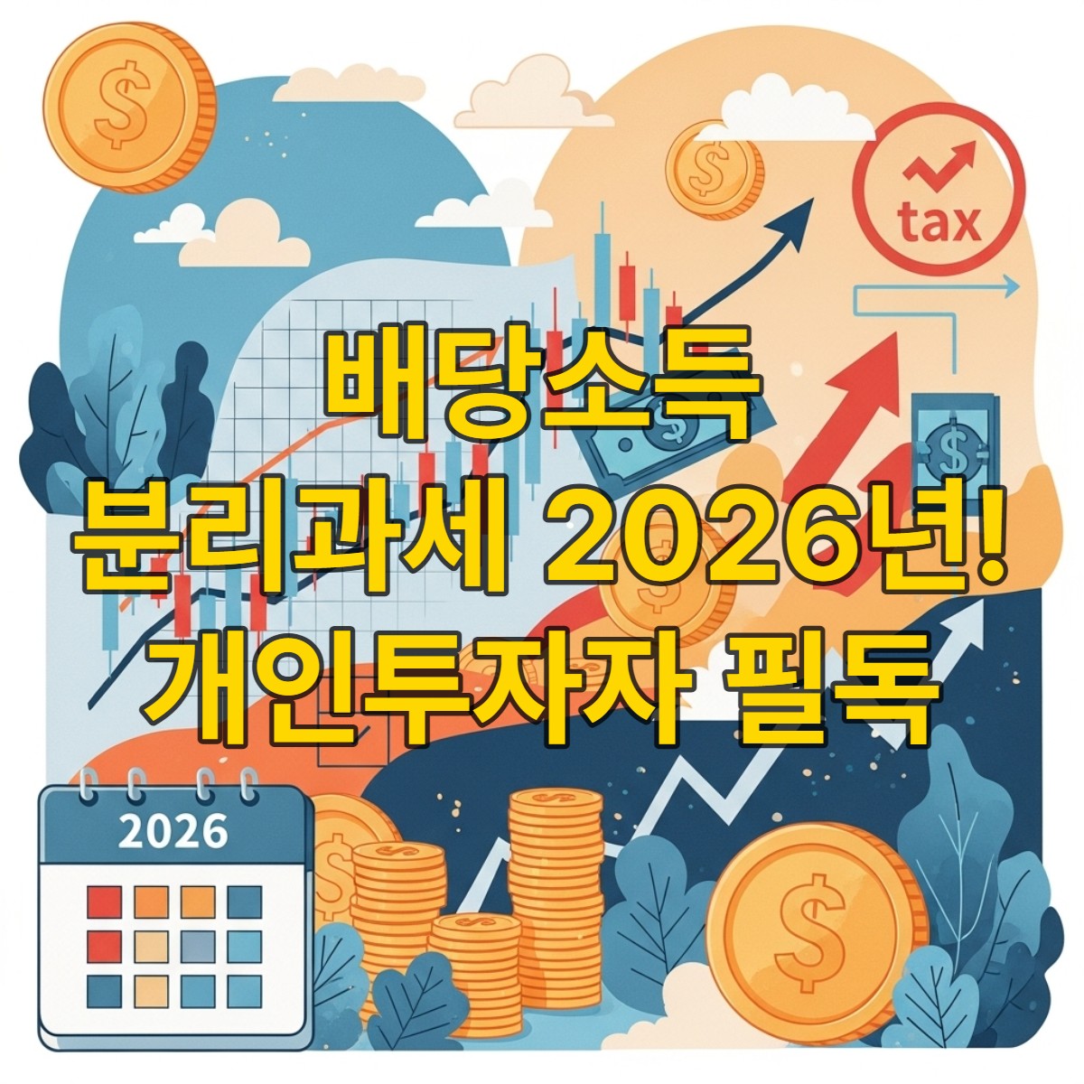 2026년 배당소득 분리과세 추진으로 개인 투자자들이 세금 혜택을 받는 모습을 상징하는 밝고 긍정적인 금융 이미지.