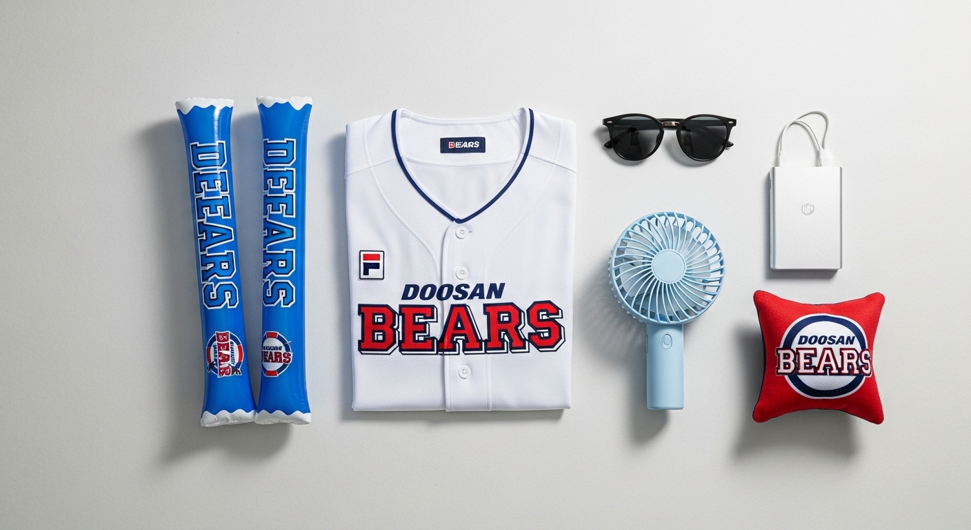 야구 유니폼, 응원봉, 휴대용 선풍기 등 야구장 직관 필수 준비물들을 가지런히 놓은 모습.