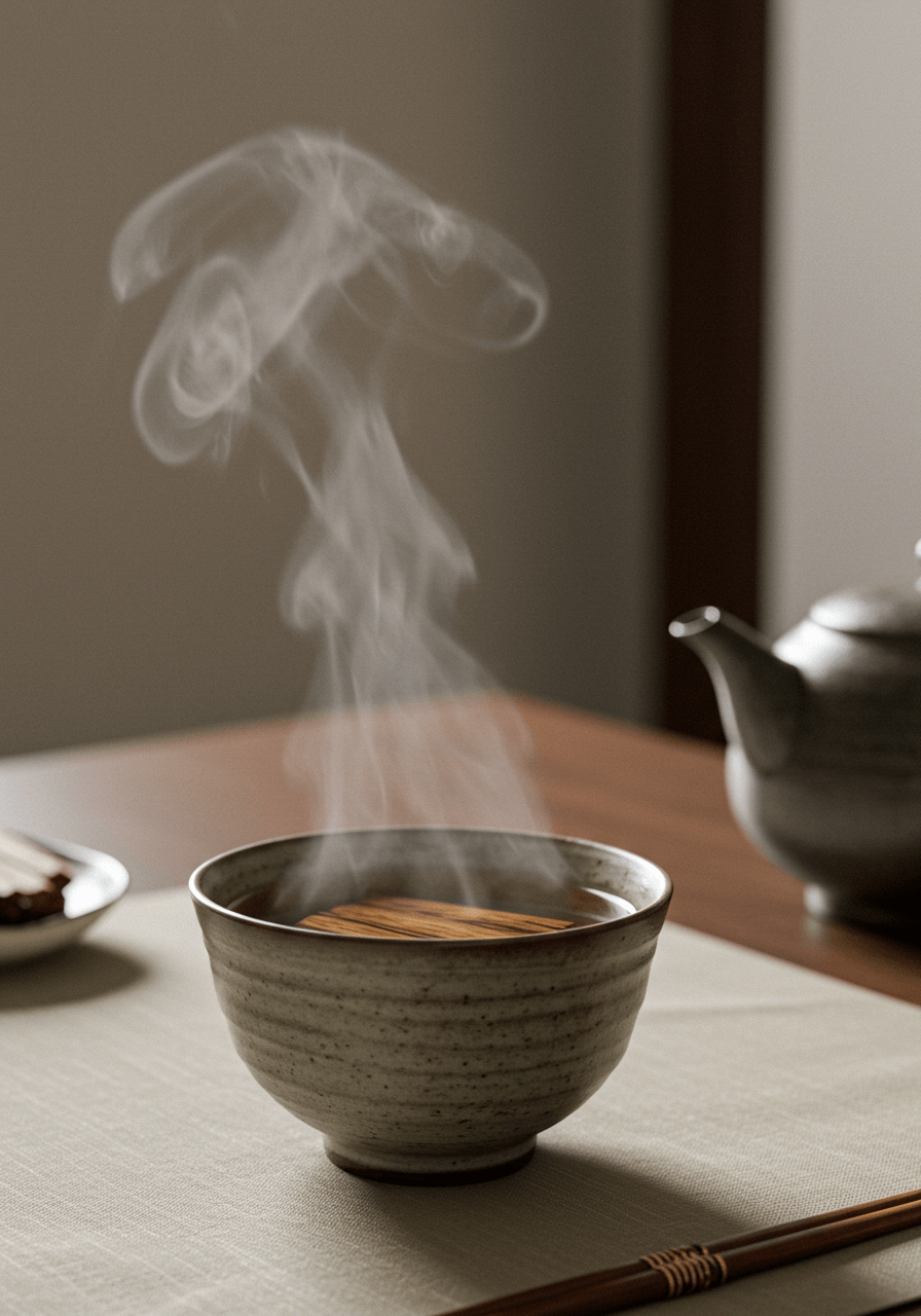따뜻한 찻잔에 침향을 우리어 김이 피어오르는 침향차