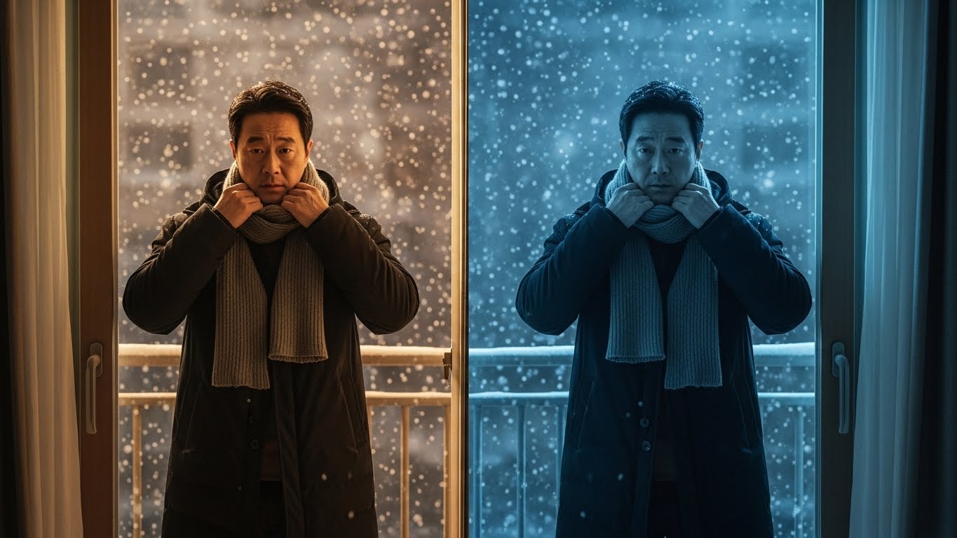 실내외 급격한 온도 차에 대비하여 목도리를 정돈하며 외출을 준비하는 한국인 남성