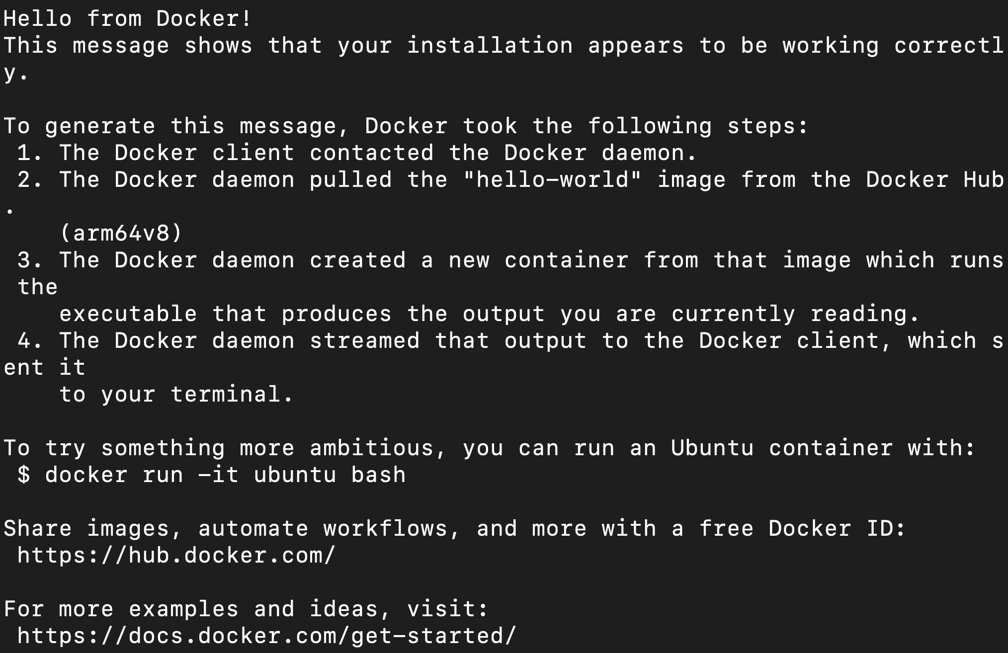 docker - hello world 실행 모습이다.