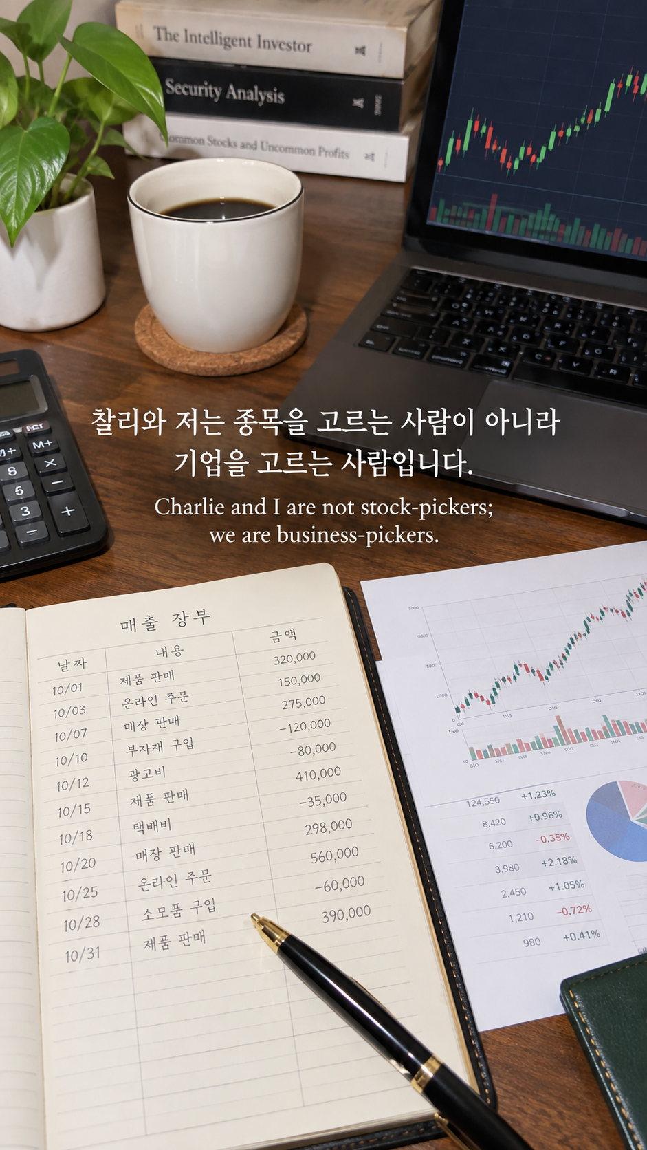 상점 장부와 주식 그래프가 함께 놓인 책상에 종목보다 기업에 관한 워렌 버핏 명언이 적힌 이미지