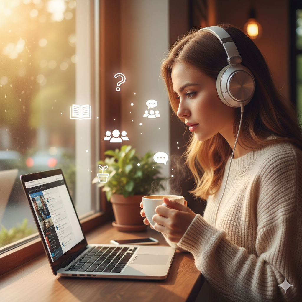 카페 창가에 앉아 다양한 아이콘(책, 사람, 물음표 등) 속에서 노트북으로 온라인 강의를 들으며 역량을 키우는 20대 여성.