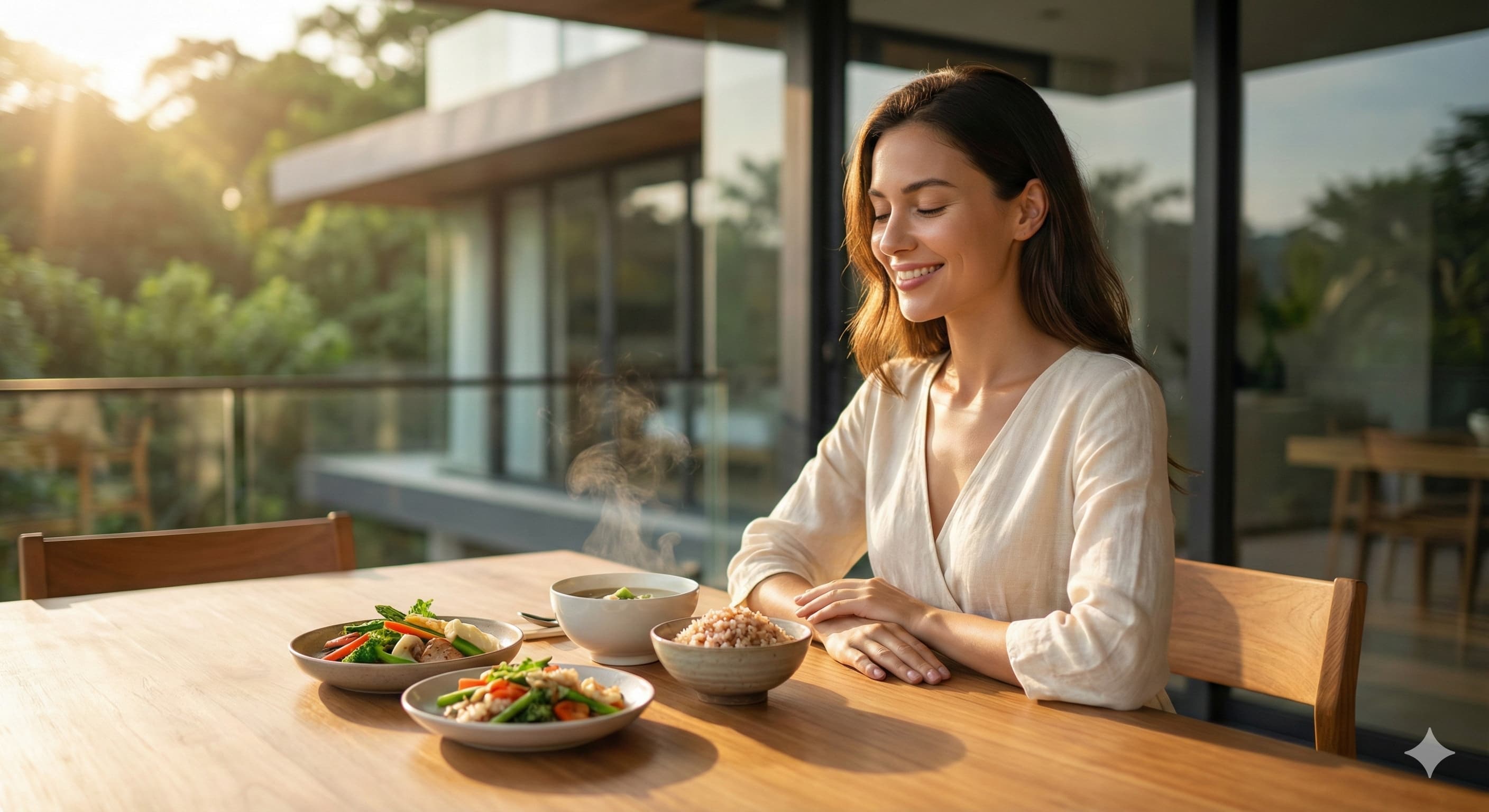 따스한 오후 햇살 아래, 푸른 자연이 보이는 야외 테라스에서 건강한 식사를 즐기는 우아하고 지적인 여성의 모습.