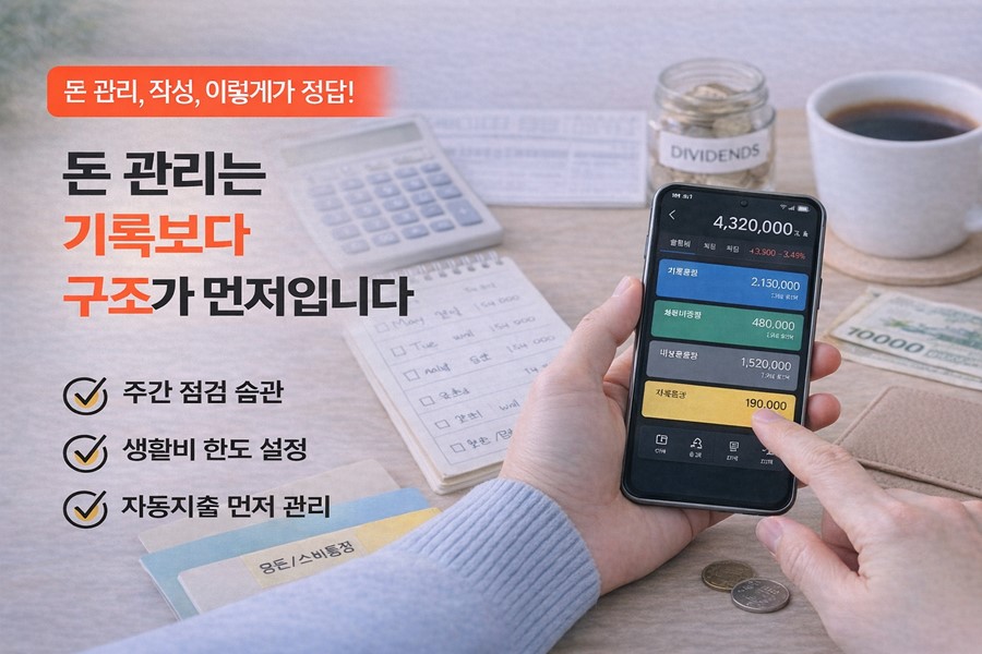 주간 점검, 생활비 한도 설정, 자동이체 관리로 가계부 없이 돈을 통제하는 현실적인 방법을 설명하는 이미지입니다.