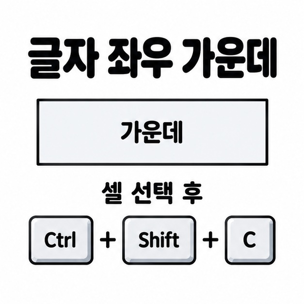 셀 중앙의 가운데 글자와 셀 선택 후 Ctrl, Shift, C 키를 함께 누르는 방법을 보여주는 가로 정렬 안내