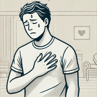 흉부쪽에 통증을 호소하며 손을 가져다 되는 남자의 모습