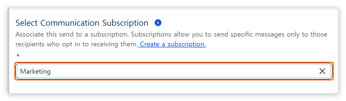Send Email Message 요소 속성 창의 Select Communication Subscription 칸에 Marketing이 선택되어 주황 상자로 강조되어 있다