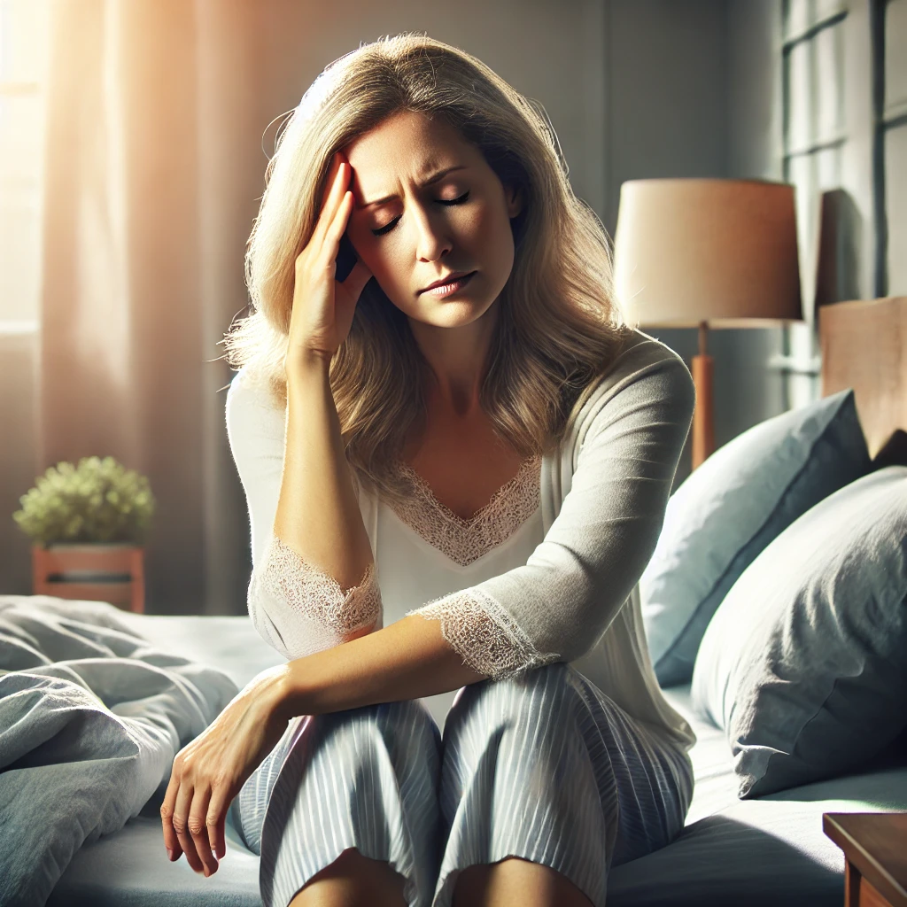 잠자리에서 일어났는데 어지러워 앉아있는 갱년기 여성의 모습