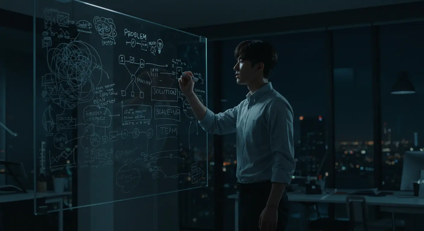 한 예비 창업가가 복잡한 아이디어를 PSST 구조에 맞춰 체계적인 사업계획서로 정리하고 있는 모습