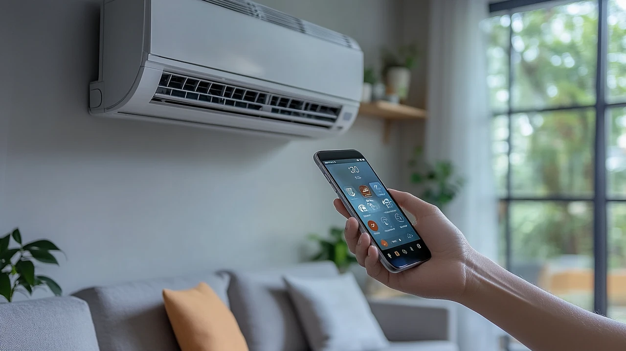 스마트폰 앱을 통해 원거리에서 벽걸이 에어컨을 쉽게 제어할 수 있는 스마트 홈 기능을 강조한 모습입니다. 현대적인 생활과 기술이 조화를 이루고 있습니다.