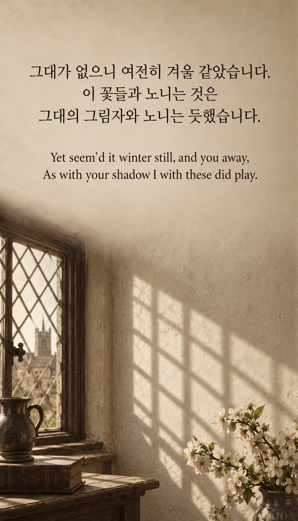 봄에도 남아 있는 겨울: 그대가 없으니 여전히 겨울 같았습니다. 이 꽃들과 노니는 것은 그대의 그림자와 노니는 듯했습니다. 초기 사진 질감의 시대 재구성, 격자 창문이 드리운 그림자와 아래쪽 봄꽃.