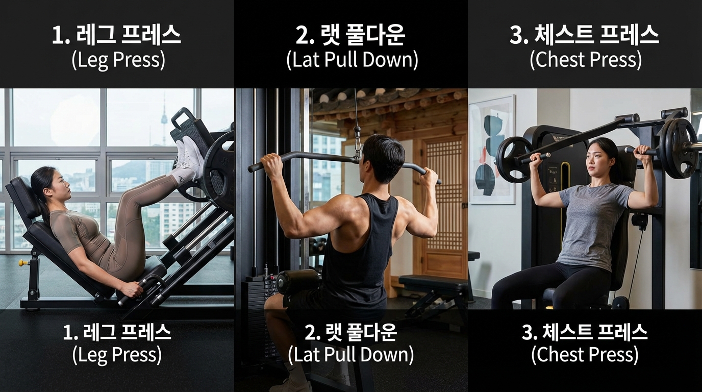레그 프레스, 랫풀다운, 체스트 프레스 3가지 필수 기구 사용 모습
