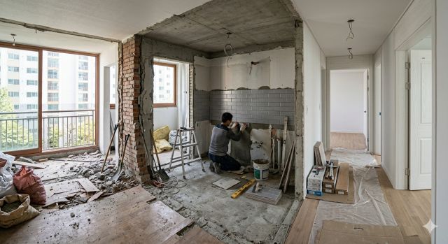 아파트 리모델링 순서에 따라 철거와 설비 공사가 진행 중인 실제 공사 현장 모습