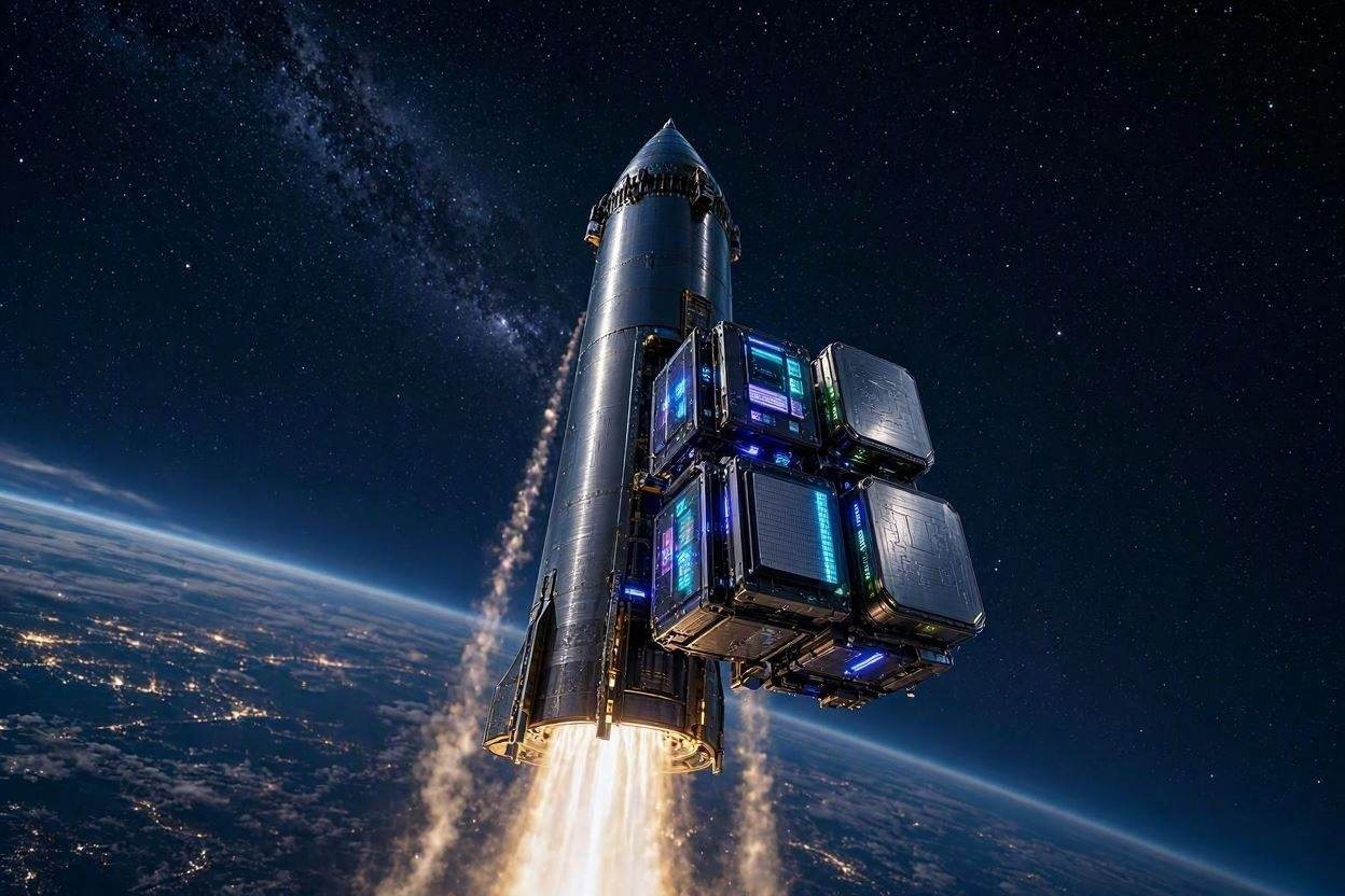 SpaceX Starship launching into space with glowing modular orbital data centers and microchips.