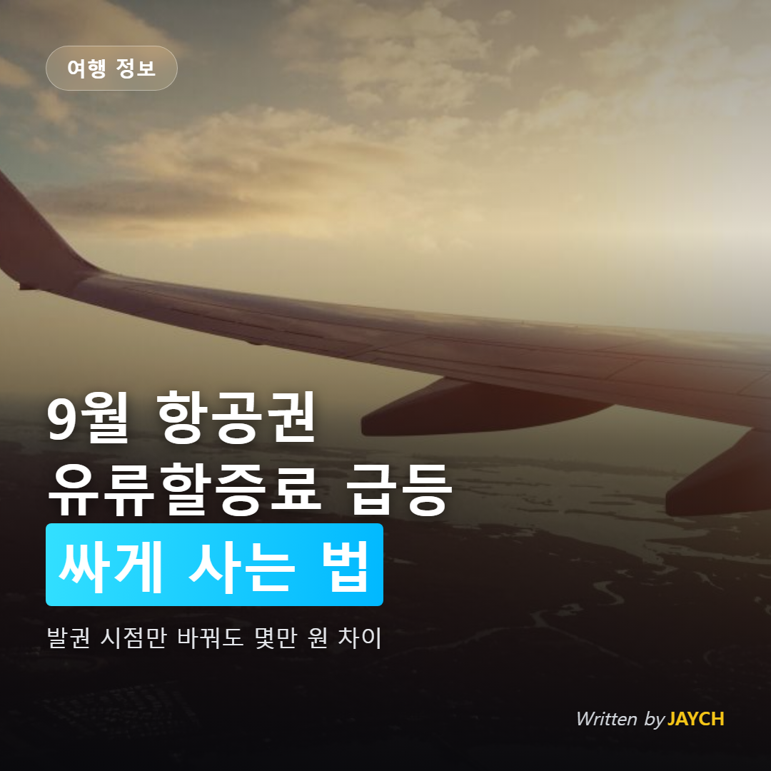 항공권 할인 썸네일 - 노을 진 하늘을 나는 비행기 날개