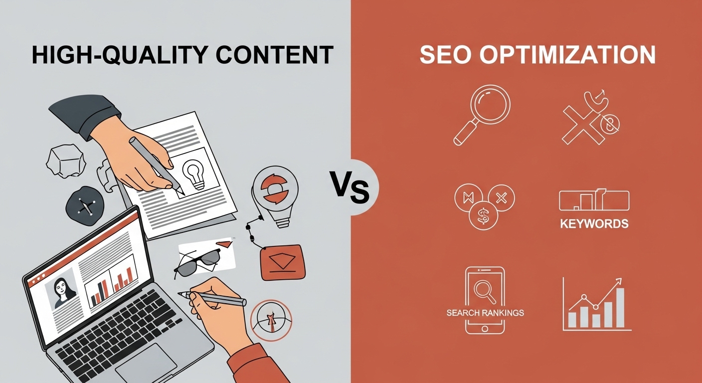 고품질 콘텐츠와 검색 엔진 최적화(SEO)의 시너지를 보여주는 그래픽. 콘텐츠 제작과 SEO 요소들이 조화롭게 어우러져 쿠팡파트너스 수익 증대에 기여하는 모습을 시각적으로 표현.