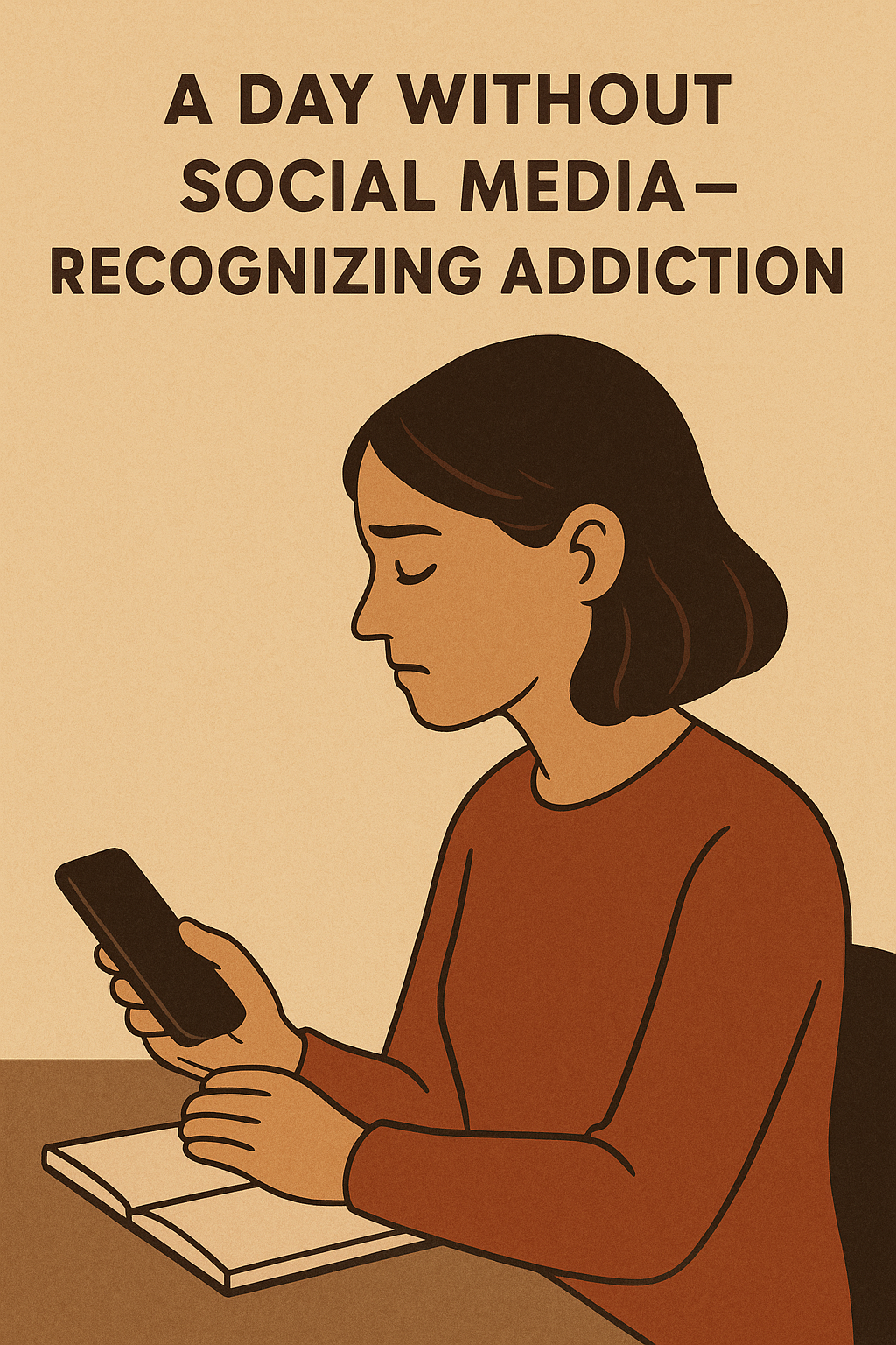 갈색 머리를 한 여성이 스마트폰을 무릎 위에 내려놓고 고요한 표정으로 책상 앞에 앉아 있다. 상단에는 "A DAY WITHOUT SOCIAL MEDIA – RECOGNIZING ADDICTION"이라는 문구가 적혀 있다.