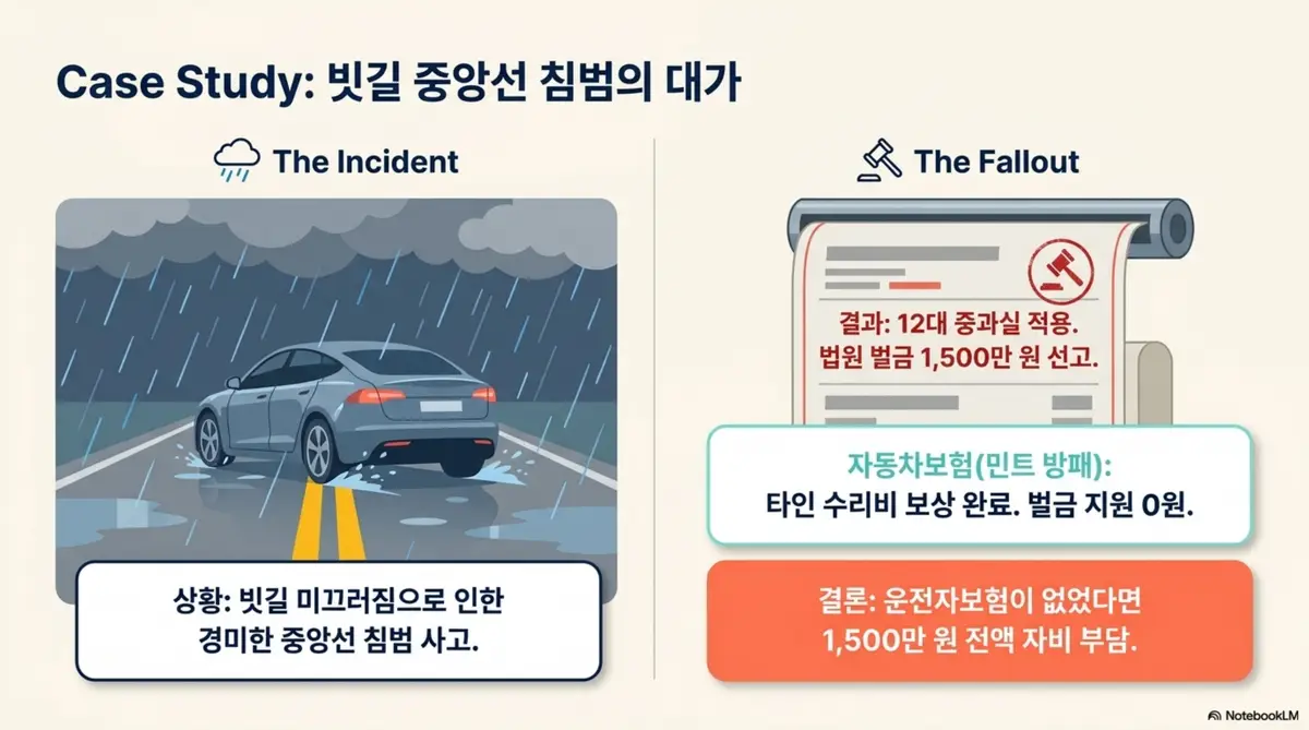 자동차보험 운전자보험 차이: 빗길 중앙선 침범 사고의 실제 사례를 보여주는 케이스 스터디 인포그래픽 이미지. 자동차보험으로 타인 수리비 보상은 완료했지만 12대 중과실 적용으로 법원 벌금 1500만 원이 선고되었고 운전자보험이 없어 전액 자비 부담이 된 상황을 시각적으로 전달함