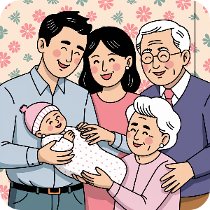 임신. 출산으로 인해 기뻐하고 행복해 하는 가족 이미지