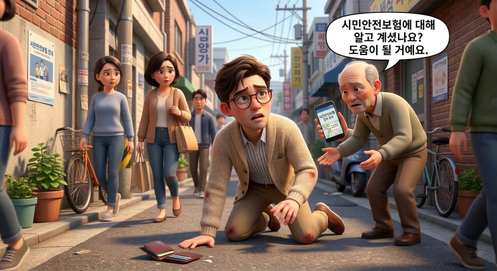 시민안전보험 알려주는 모습을 연출한 캐릭터 이미지