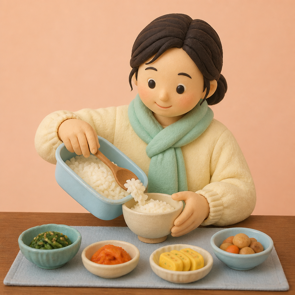 식탁 위에서 데운 밥을 공기에 옮겨 담는 모습