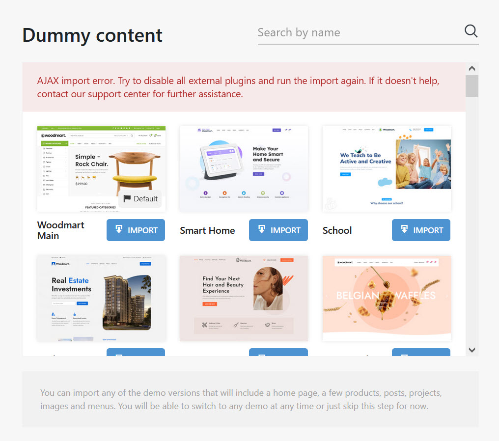 워드프레스 WoodMart 테마 데모 설치 - 아작스 임포트 에러