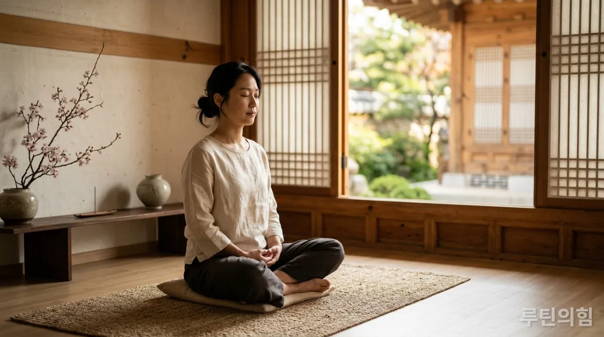 미니멀한 방에서 평화롭게 명상하는 한국 여성, 정서적 안정과 정신 건강을 나타냄.