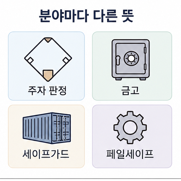세이프의 분야별 의미 비교, 야구 주자 판정과 금고, 세이프가드, 페일세이프를 아이콘으로 정리한 도표
