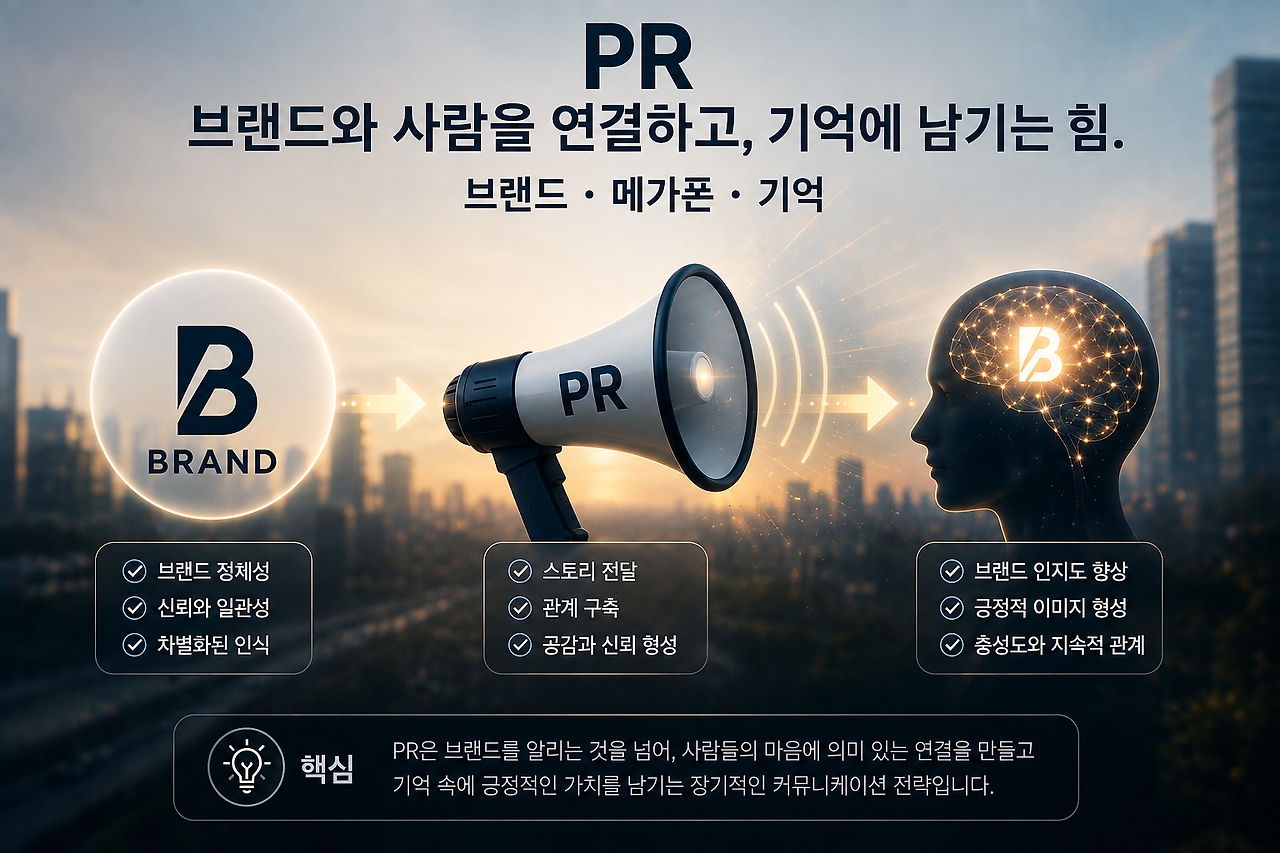 브랜드 로고, PR 메가폰, 사람의 기억을 연결한 인포그래픽. 브랜드 메시지가 사람들의 기억 속에 자리 잡고 신뢰를 형성하는 PR과 브랜드 커뮤니케이션의 과정을 설명하는 이미지.