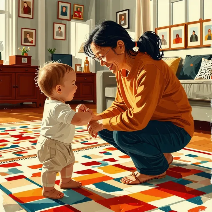 실내에서 유아를 돌보는 할머니의 따뜻한 모습