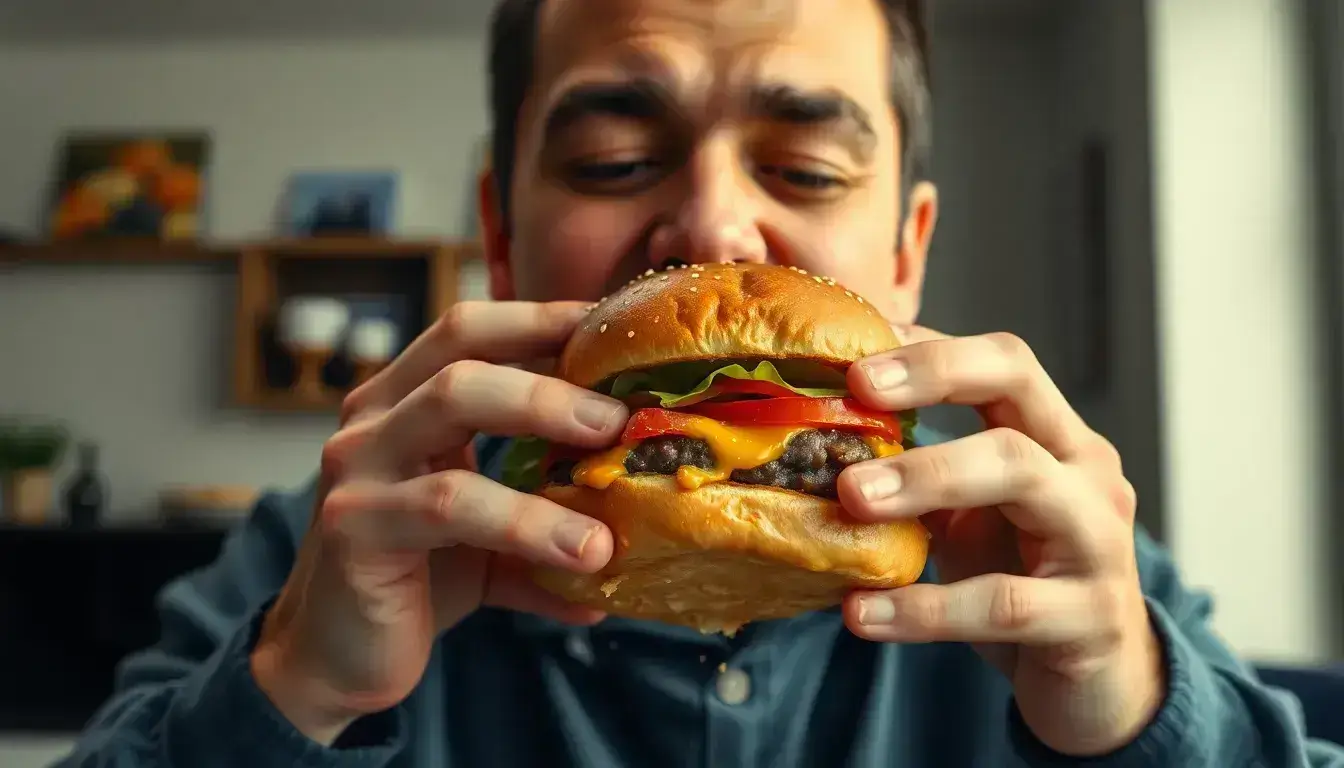 햄버거를 먹는 사람의 모습, 식욕이 급격히 증가한 상황을 현실적으로 표현한 장면