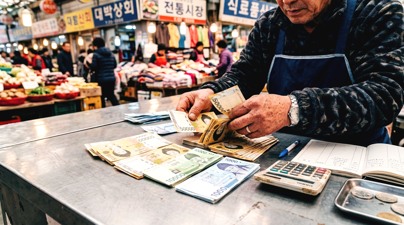 전통시장 스테인리스 카운터 위에서 상인이 한국 지폐를 세고 있는 손의 모습
