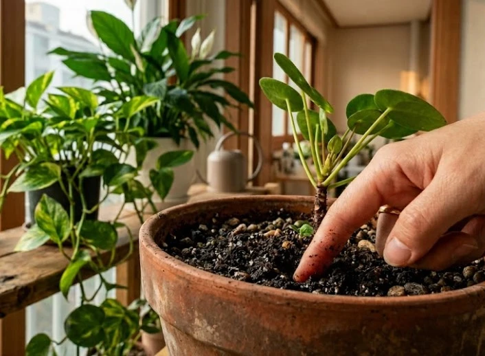 화분 속 흙에 손가락을 2~3cm 깊이로 넣어 수분 상태를 확인하고 있는 모습