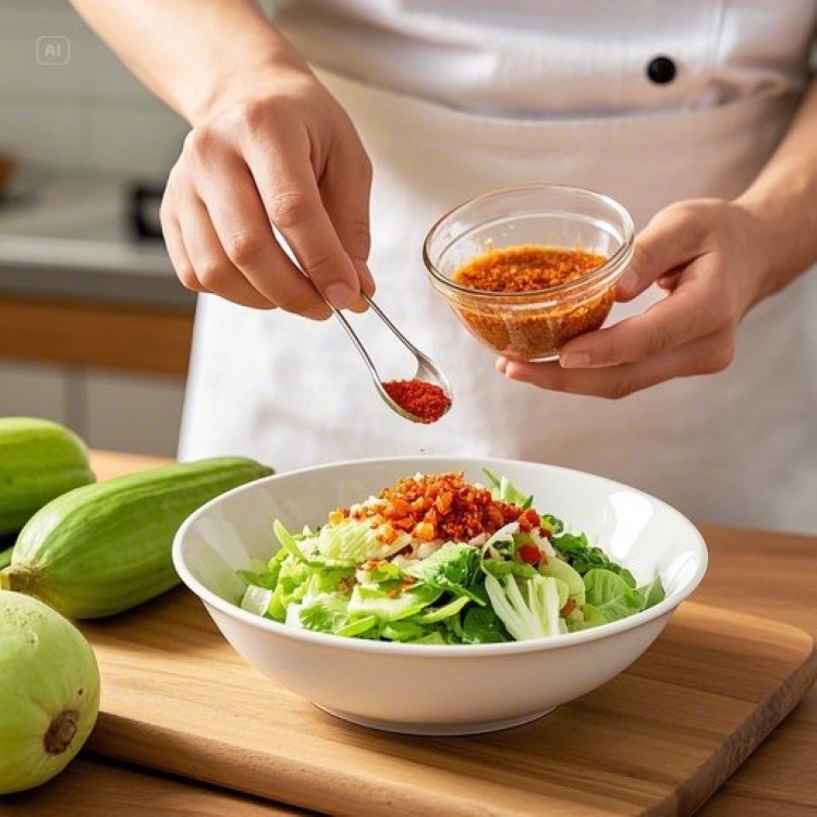 아삭하게 썬 노각과 빨간 양념이 어우러진 노각무침이 하얀 그릇에 담겨 있는 모습. 신선한 노각 원물과 완성된 노각무침을 함께 배치하여 만드는 과정을 보여주는 구성. 밝고 깔끔한 주방 배경에 여름 느낌의 상큼한 분위기.