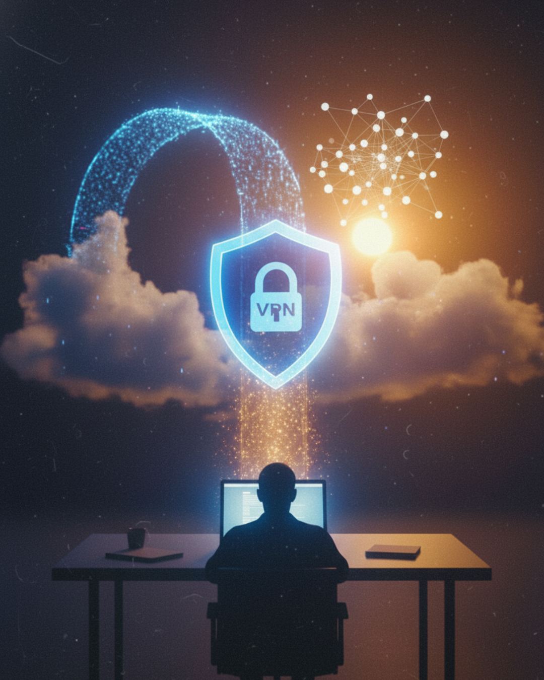 VPN이 사용자와 인터넷 사이에 암호화된 터널을 만들어주는 개념도
