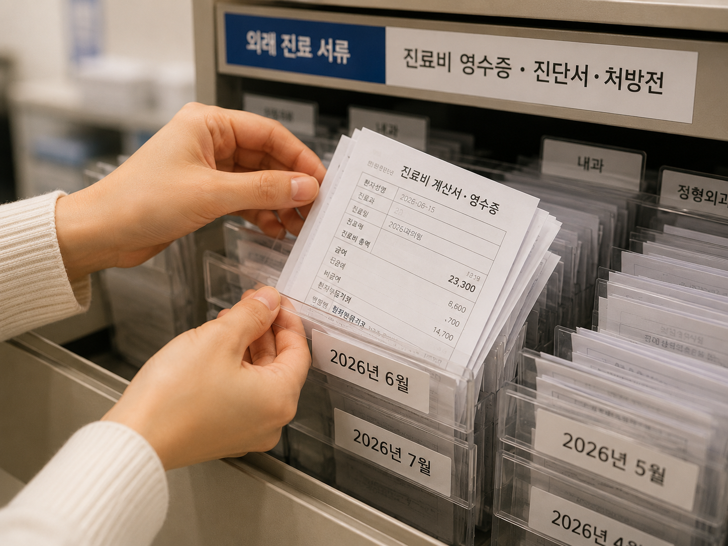 병원 서류함에서 과거 진료 영수증을 찾는 장면