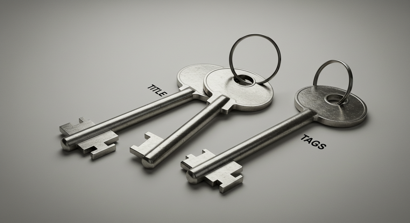 제목&middot;설명&middot;태그를 각각 다른 열쇠로 상징해 표현한 콘셉추얼 스틸라이프 이미지