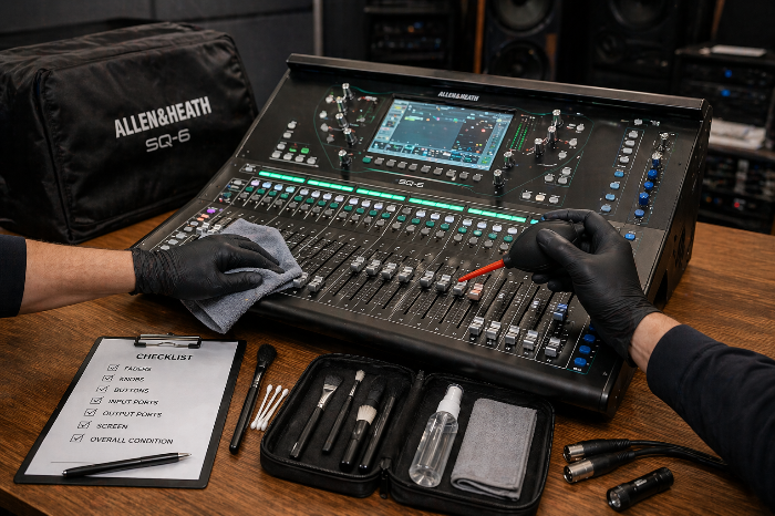 믹서 콘솔의 페이더와 노브와 단자를 점검하는 관리 장면