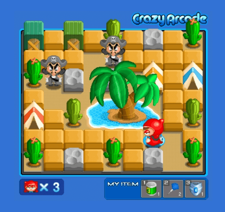 미니크아-크레이지아케이드-플래시게임-플레이-배찌가-물풍선을-놓는-화면