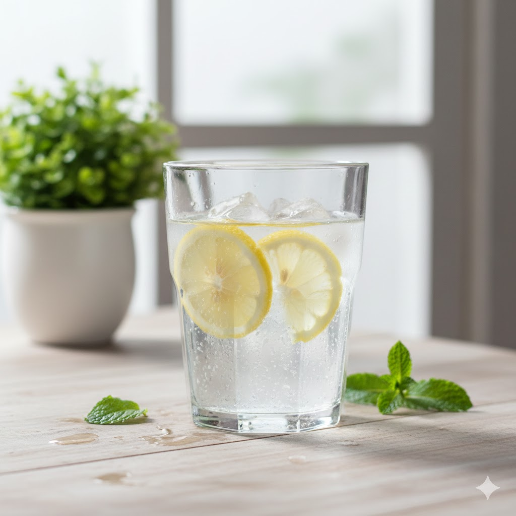 예쁜 텀블러에 담긴 시원한 물과 조각 레몬 사진