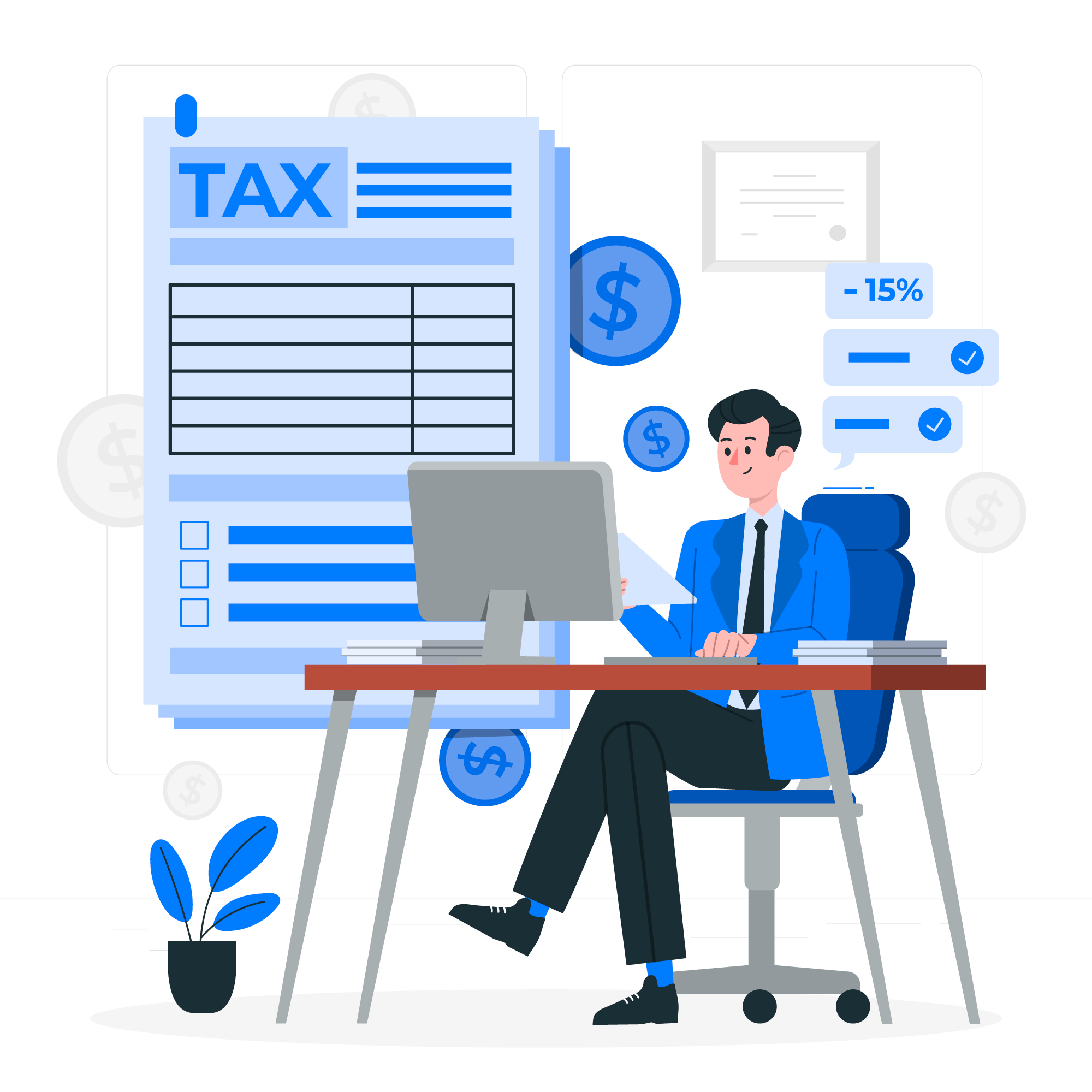 TAX와 책상에 앉자 있는 남자의 모습