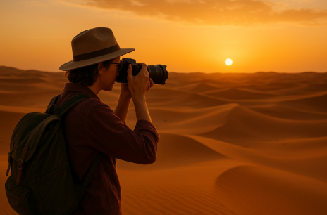 석양의 사막에서 사진 찍는 여행자 관련 사진