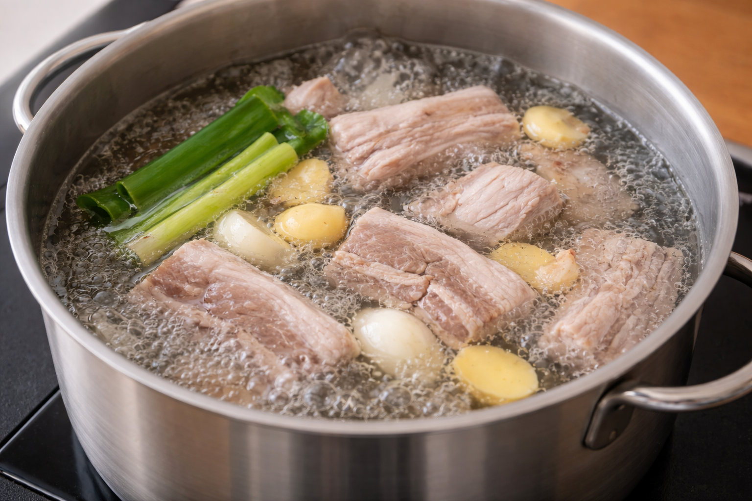 냄비에서 돼지고기를 삶는 과정