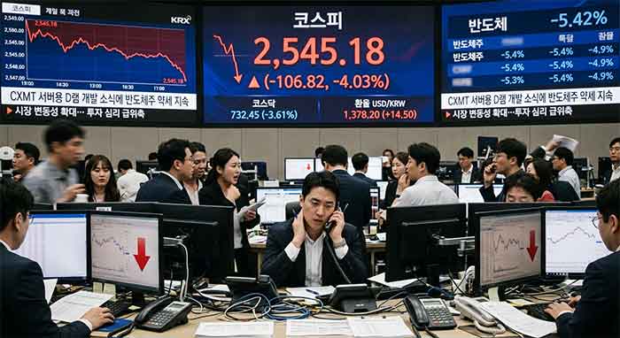 코스피 급락 및 반도체 약세 소식에 분주한 증권가 딜링룸 현장.