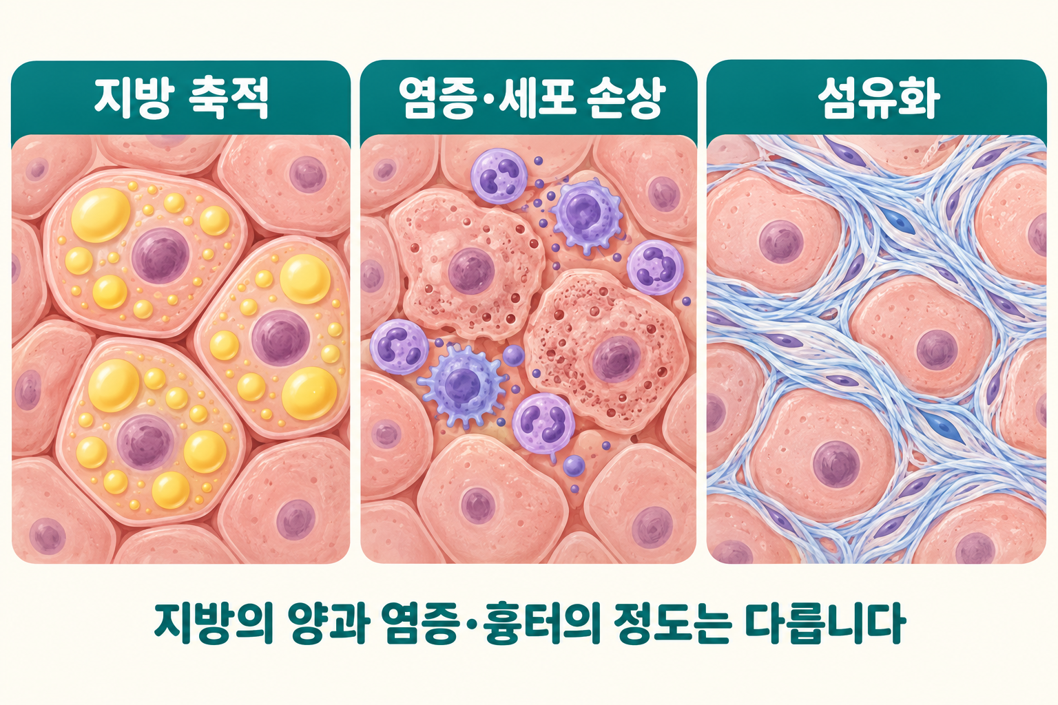 간세포 안 지방방울과 주변 염증세포, 섬유 조직을 따로 구분한 개념 그림